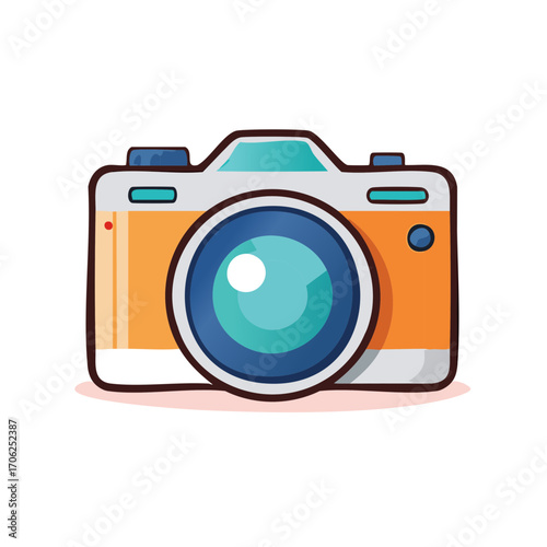 Modern Cartoon Camera with Orange Body and Blue Lens