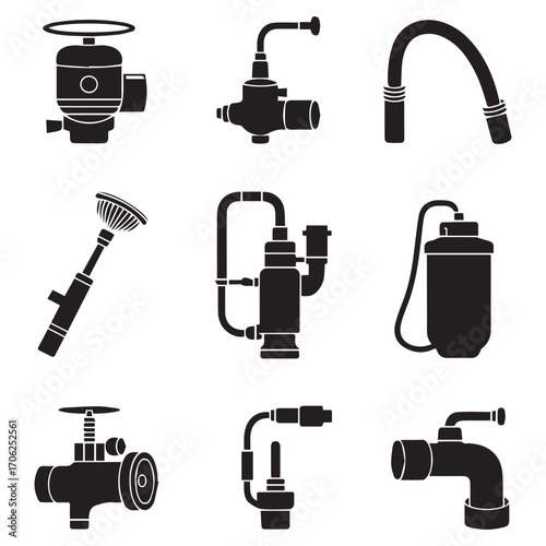 Collection of nine black silhouette icons representing various plumbing and water system components and fixtures