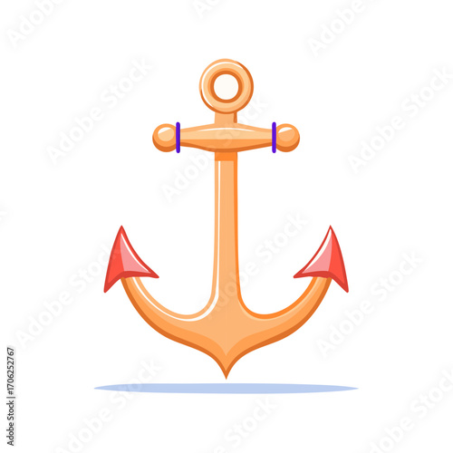 Orange cartoon anchor with red tips and blue accents on a white background