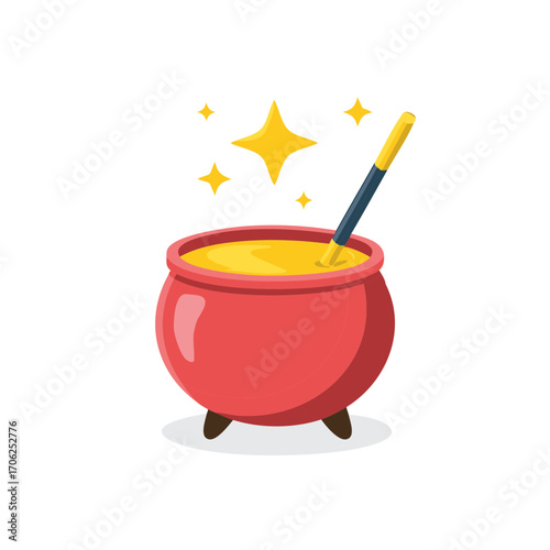 Magic Potion Cauldron with Wand and Sparkles Illustration