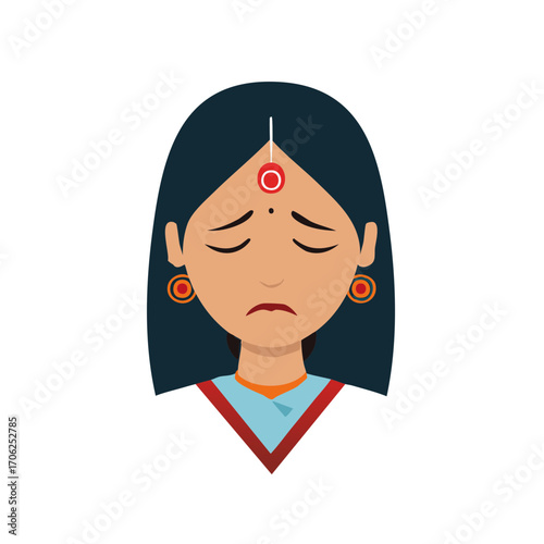 Sad Indian Woman Flat Vector Icon with Bindi and Earrings on White