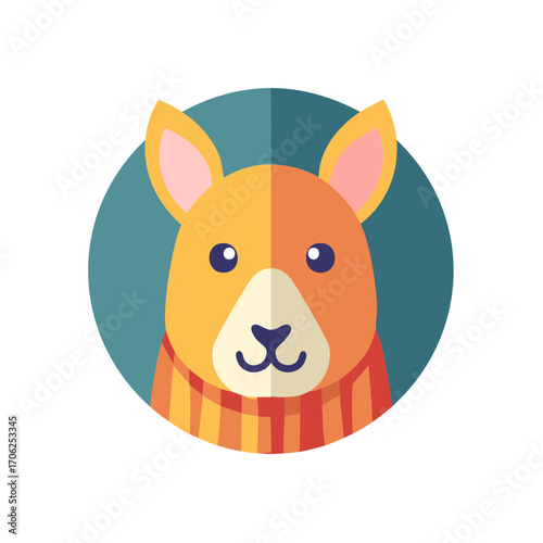 Cute cartoon kangaroo head icon with a cozy striped scarf vector illustration for winter or autumn theme