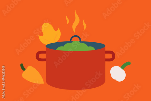 Red pot cooking healthy green food with vegetables and flames