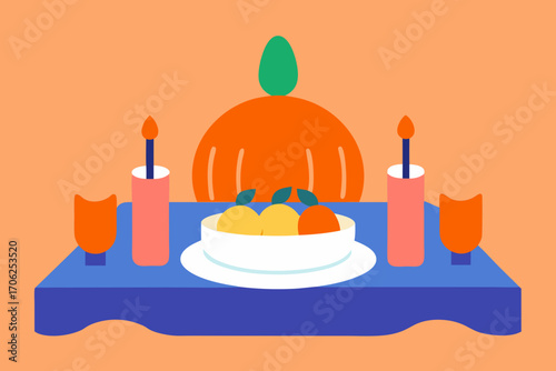 Minimalist autumnal still life with pumpkin and fruit