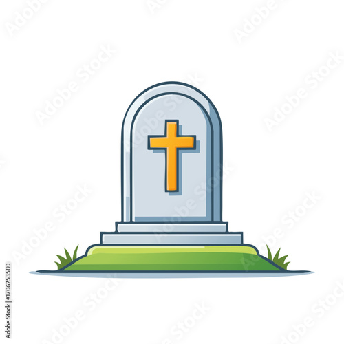 Cartoon illustration of a headstone or tombstone on a green hill, religious symbol