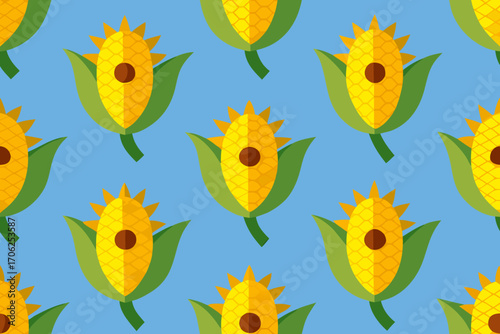 Seamless pattern of yellow corn cobs on a blue background