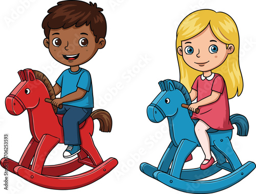 Smiling boy and girl riding colorful rocking horses, cartoon vector illustration of fun childhood activity, indoor play, and nursery toy.