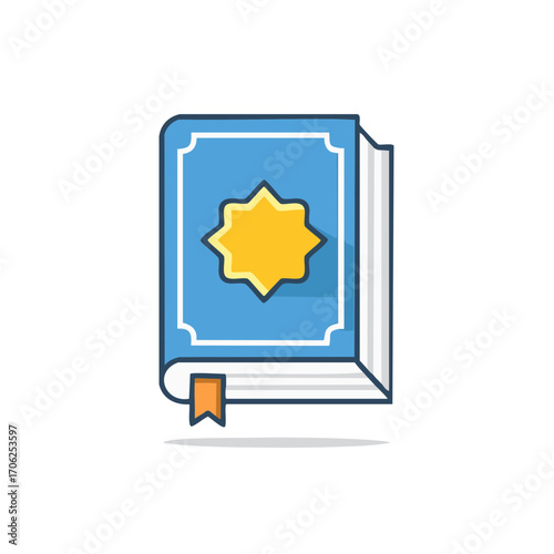 Islamic Holy Book with Star Emblem and Bookmark Icon in Flat Design