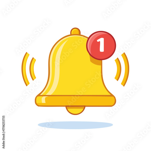 Yellow notification bell with one message icon with red badge, alert