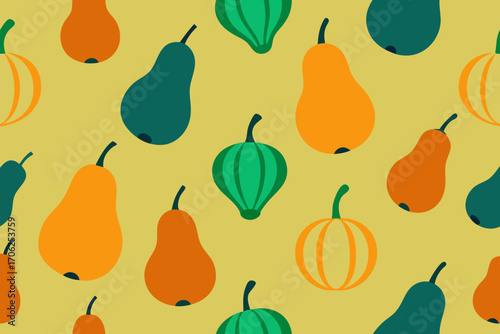Seamless pattern of stylized pears and gourds in autumn colors