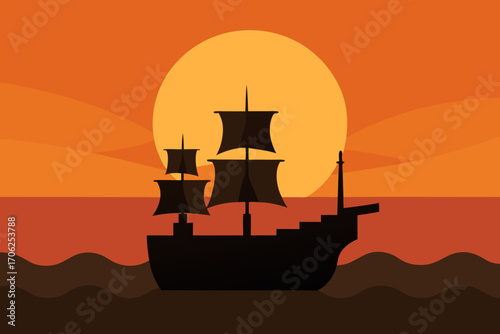Silhouette of a tall ship sailing at sunset