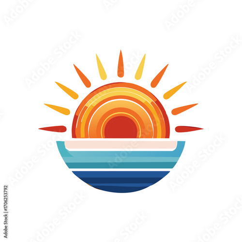 Vibrant abstract sun and ocean horizon illustration in a minimalist graphic style