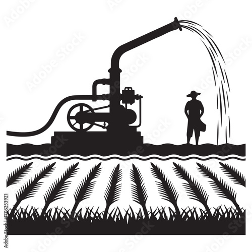 Silhouette of a farmer overseeing a powerful water pump irrigating a field of crops with a stream of water flowing