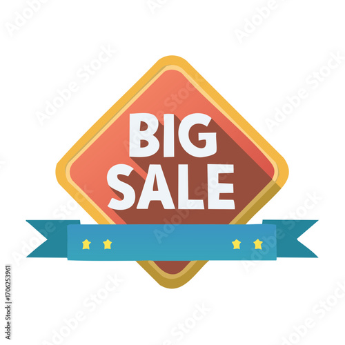 Flat design big sale promotion badge with blue ribbon and golden stars for discount advertising