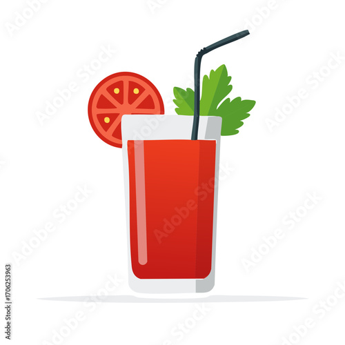 Bloody Mary cocktail or tomato juice in a glass with straw and garnish vector illustration