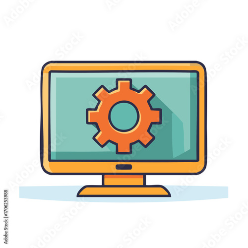 Cartoon computer monitor displaying an orange gear icon representing settings, system, or configuration.