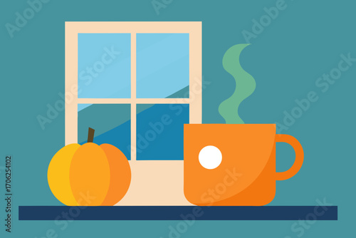 Cozy autumn scene with pumpkin and steaming mug by the window
