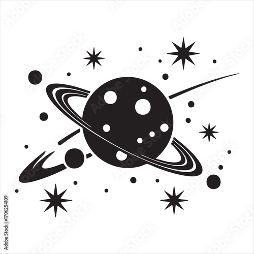Stylized saturn planet with rings and orbiting celestial bodies stars and dots in outer space