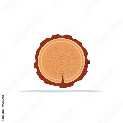 Stylized tree log cross section illustration with annual growth rings and natural wood bark texture