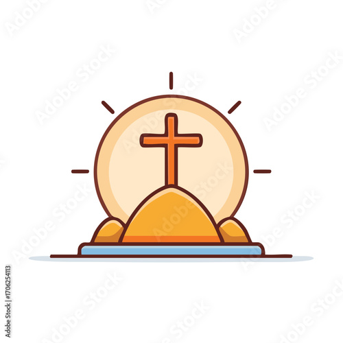 Stylized Christian Cross on a Hill with Radiant Light and Flat Design