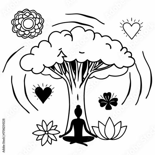 Creative hand drawn doodle vector illustration depicting mindfulness and self-acceptance concept