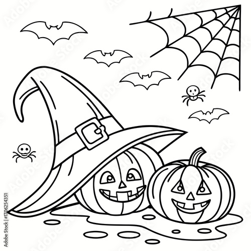 Halloween with stylized witch hat, smiling pumpkins and bloody or melted coloring page vector black on white background