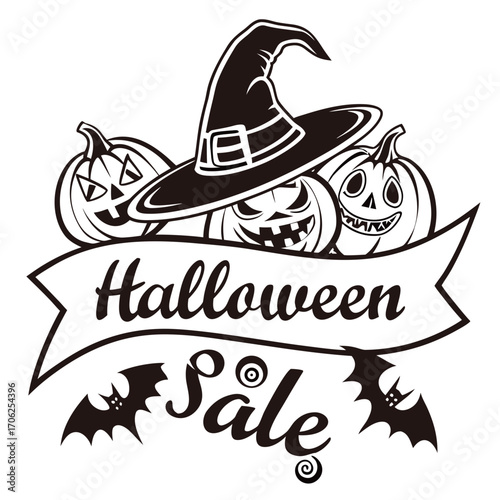 Halloween with stylized witch hat, smiling pumpkins and bloody or melted coloring page vector black on white background