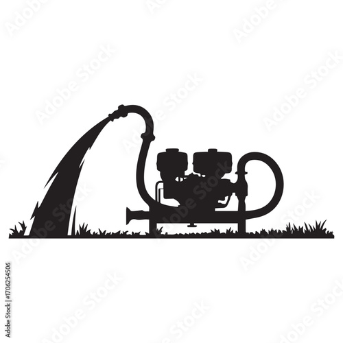 Silhouette of a portable water pump spraying water onto grass from a hose in a simple graphic illustration