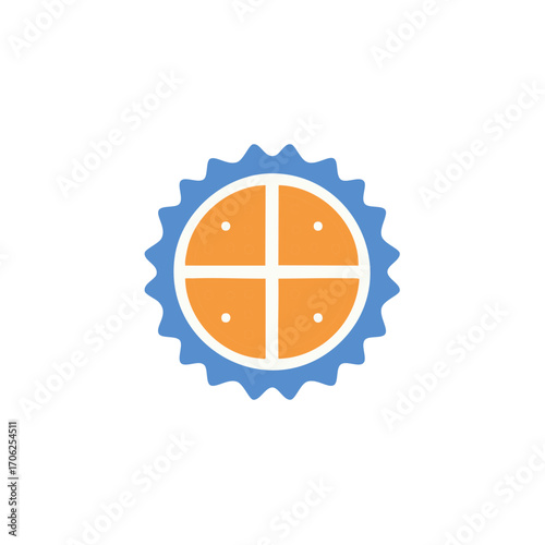 Circular Segmented Form with Ornate Border, Orange and Blue Graphic