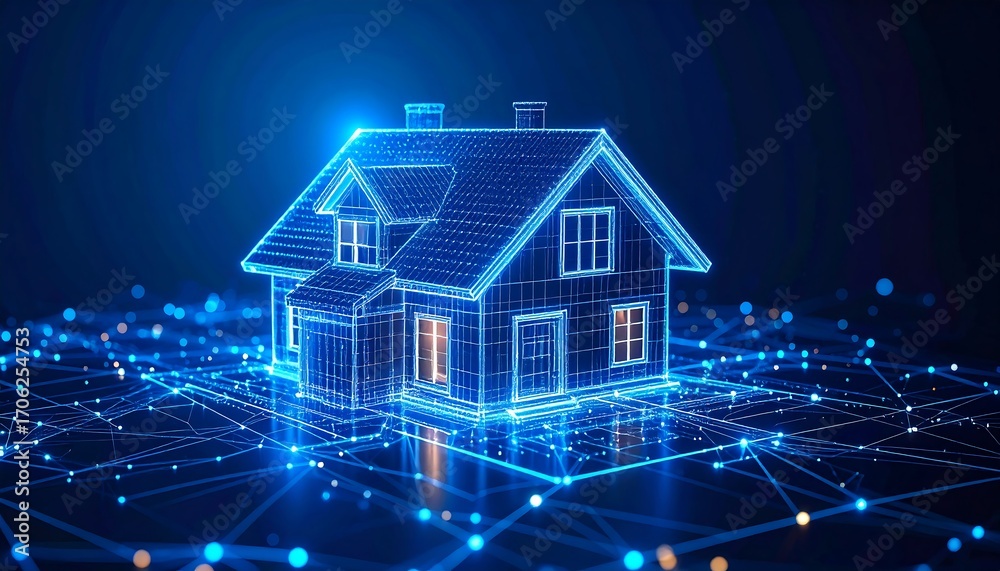 Naklejka premium A glowing blue digital house with intricate lines and connections, highlighting smart home technology concepts against a dark background