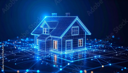 A glowing blue digital house with intricate lines and connections, highlighting smart home technology concepts against a dark background
