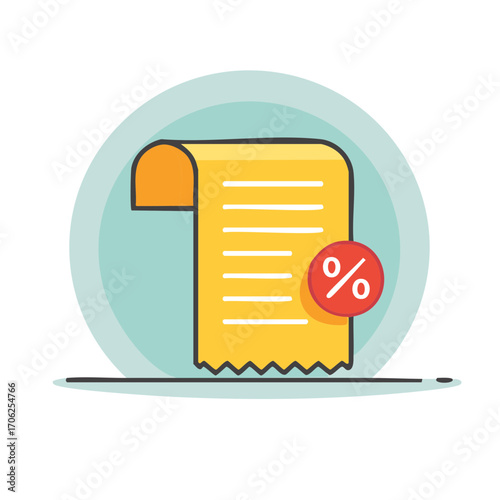 Yellow financial receipt with red percentage discount symbol illustration