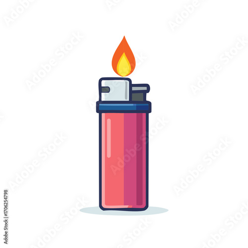 Vector illustration of a pink plastic disposable lighter with a burning flame icon