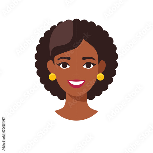 Portrait of a smiling young African American woman with curly afro hair, vector avatar illustration.
