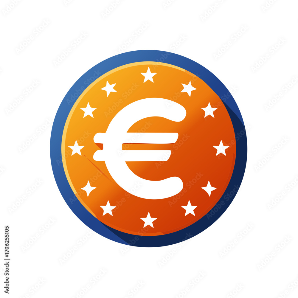Obraz premium Stylized Euro currency symbol with stars on a glossy orange and blue circular badge