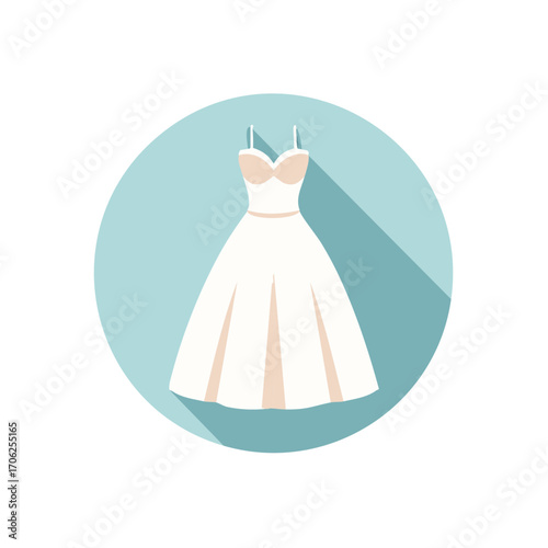 Elegant flat design wedding dress illustration with long shadow in a serene blue circle.