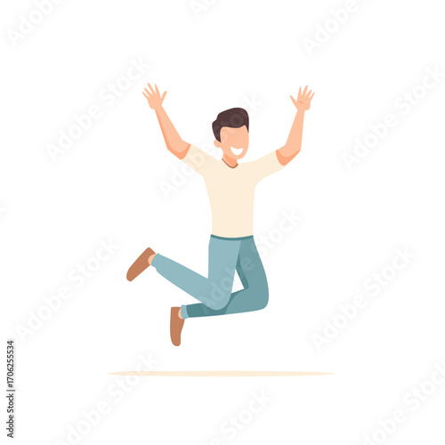 Joyful man jumping in the air with raised arms celebrating success
