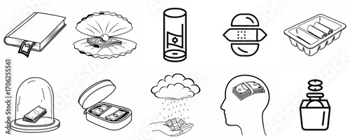 Stylized icons related to financial habits, financial alchemy that turns pennies into capital.