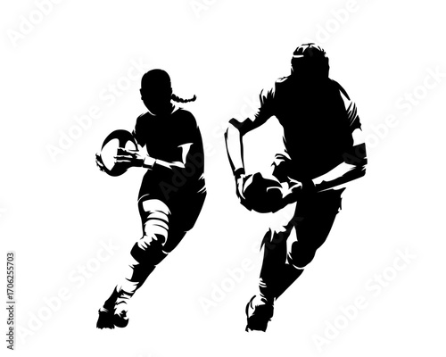 Rugby, group of rugby players, man and woman with ball, front view. Isolated vector silhouette, clipart. Team sports