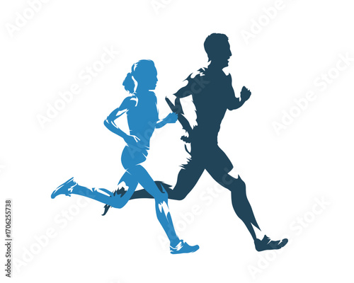 Run, running man and woman. Group of marathon runners. Isolated abstract vector silhouette