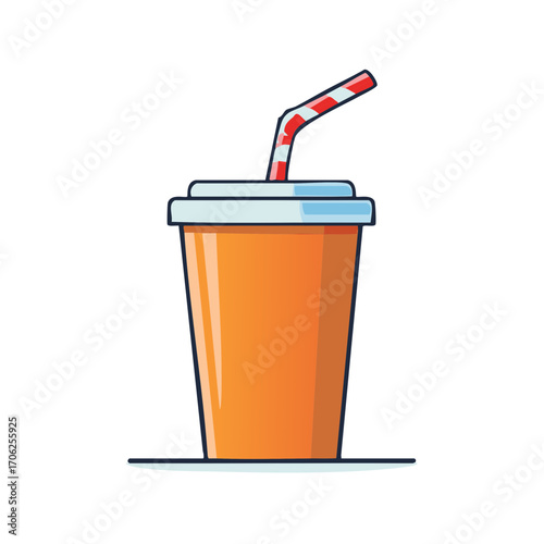 Cartoon soft drink in an orange disposable cup with a striped straw. Vector fast food beverage illustration.