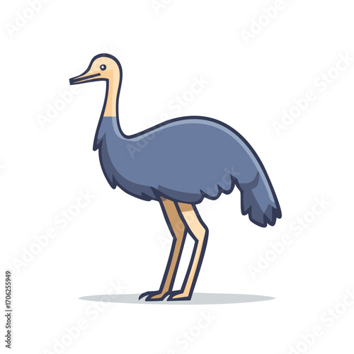 Cartoon Illustration of an Ostrich Bird Standing Tall with Long Neck and Legs in Simple Stylized Form