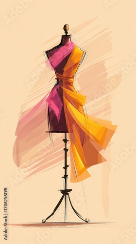 Elegant Fashion Design on Dress Form with Vibrant Fabric Draping