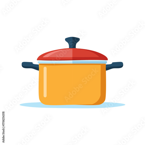 Bright orange cooking pot with a red lid and dark blue handles, flat style illustration