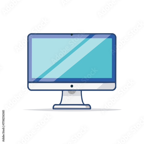 Modern all in one desktop computer monitor icon with blue screen flat vector illustration