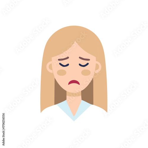 Sad woman cartoon character feeling unhappy and depressed with a melancholy expression looking down