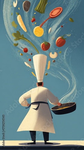 Chef Cooking with Flying Ingredients in Colorful Kitchen Scene