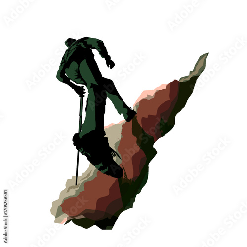 silhouette of a climber with a stick without background