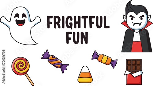 Cartoon halloween treats and characters for a frightful fun celebration day