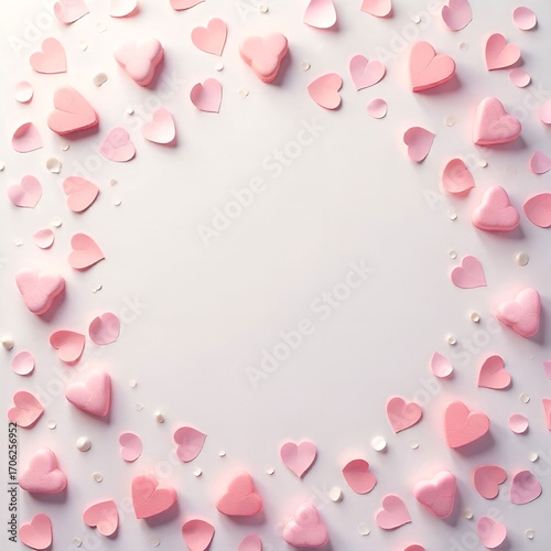 Heart confetti scattered around the border.